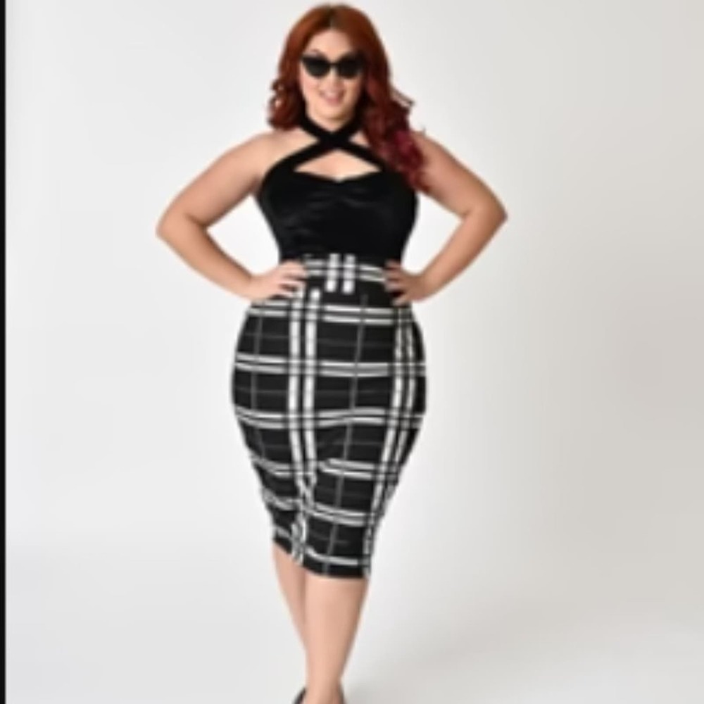 Unique Vintage 2x Katharine Wiggle Skirt Black & White Plaid High Waist pull-on